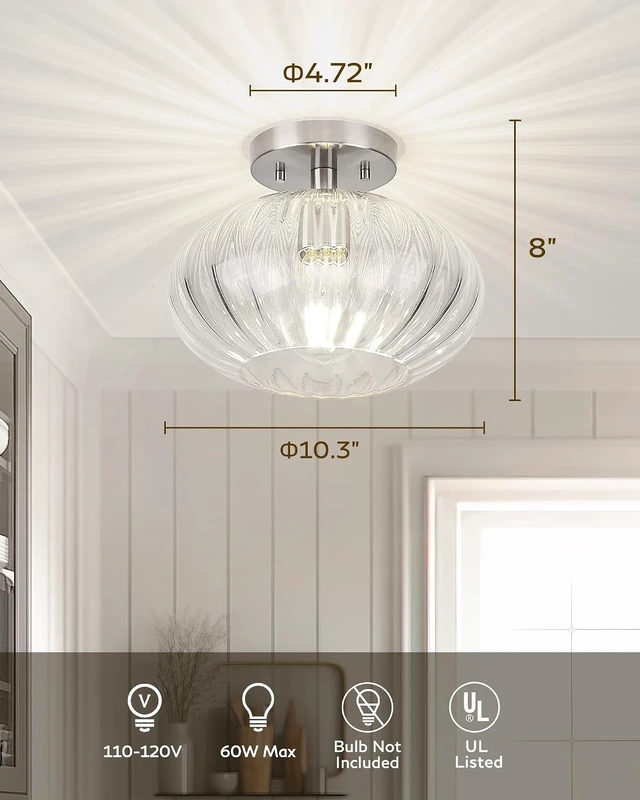Alt view image 4 of 7 - FEMILA 10.3" Brushed Nickel Ceiling Lights, Pumpkin-Shaped Glass Ceiling Light for Living Room, Bedroom, Kitchen, 4FYD85F BN