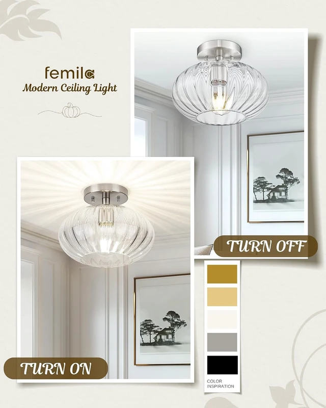 Alt view image 5 of 7 - FEMILA 10.3" Brushed Nickel Ceiling Lights, Pumpkin-Shaped Glass Ceiling Light for Living Room, Bedroom, Kitchen, 4FYD85F BN