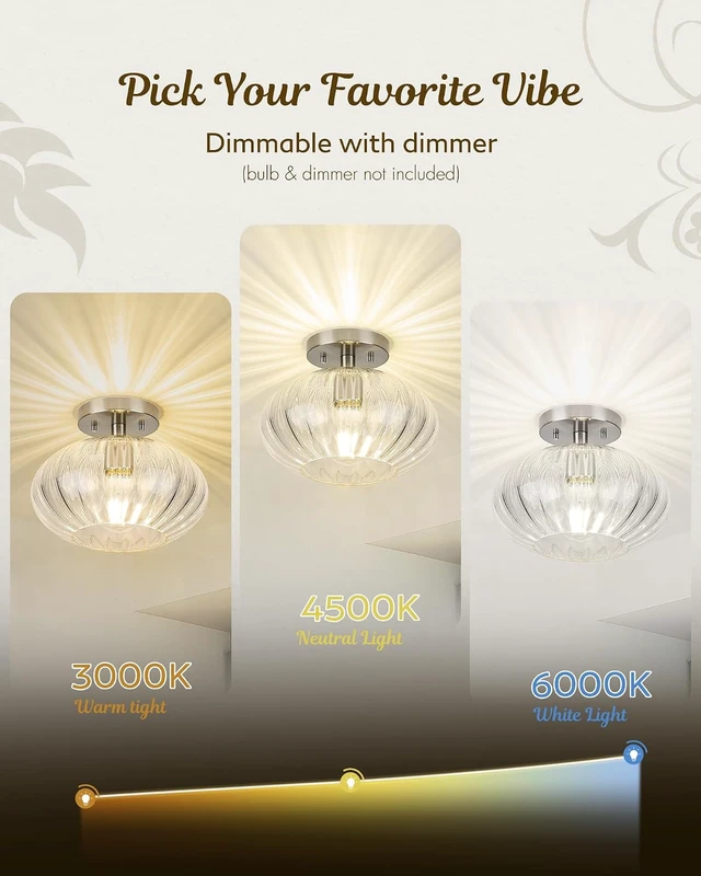 Alt view image 6 of 7 - FEMILA 10.3" Brushed Nickel Ceiling Lights, Pumpkin-Shaped Glass Ceiling Light for Living Room, Bedroom, Kitchen, 4FYD85F BN