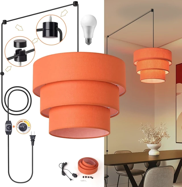 Alt view image 2 of 7 - Orange Plug in Pendant Light, Mid Century Modern Pendant Light 3 Tier Plug in Chandelier with Orange Lampshape Hanging Lamp, Hanging Lights with Plug in Cord for Living Room Bedroom, 16.4ft Cord