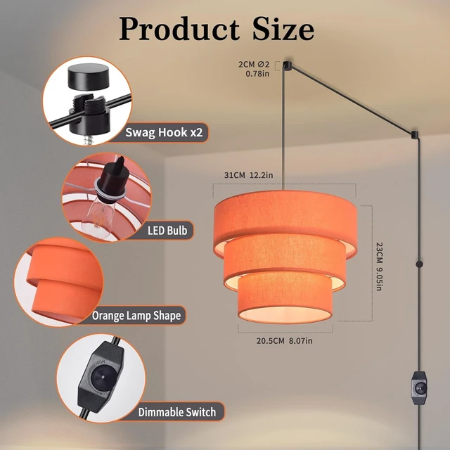 Alt view image 3 of 7 - Orange Plug in Pendant Light, Mid Century Modern Pendant Light 3 Tier Plug in Chandelier with Orange Lampshape Hanging Lamp, Hanging Lights with Plug in Cord for Living Room Bedroom, 16.4ft Cord