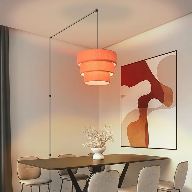 Alt view image 5 of 7 - Orange Plug in Pendant Light, Mid Century Modern Pendant Light 3 Tier Plug in Chandelier with Orange Lampshape Hanging Lamp, Hanging Lights with Plug in Cord for Living Room Bedroom, 16.4ft Cord