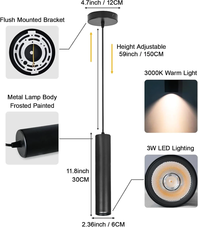 Alt view image 4 of 7 - Black Pendant Lights 2 Pack, 3W 3000K LED for Kitchen Island, Non-Dimmable