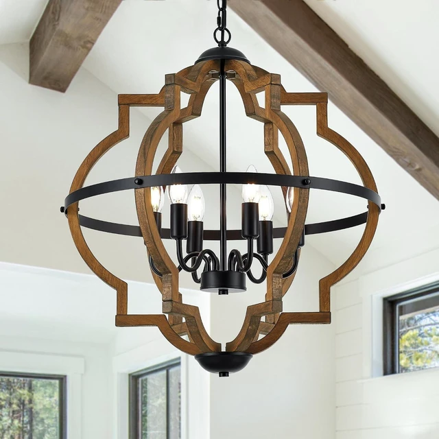 Main image of 22.83" 6 Light Brown Oak Wood Drum Pendant Light for Dining Room