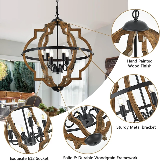 Alt view image 3 of 7 - 22.83" 6 Light Brown Oak Wood Drum Pendant Light for Dining Room