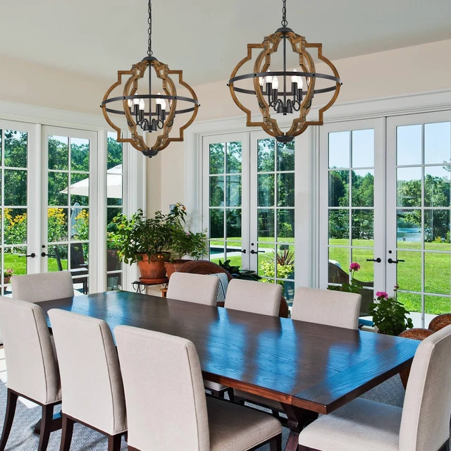 Alt view image 4 of 7 - 22.83" 6 Light Brown Oak Wood Drum Pendant Light for Dining Room
