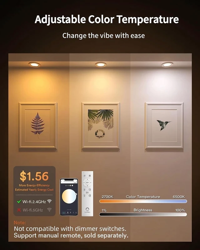 Alt view image 4 of 7 - Lumary Smart WiFi LED Recessed Lighting 4'', RGBWW Ceiling Can Light, 4Pack