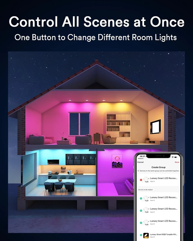 Alt view image 7 of 7 - Lumary Smart WiFi LED Recessed Lighting 4'', RGBWW Ceiling Can Light, 4Pack