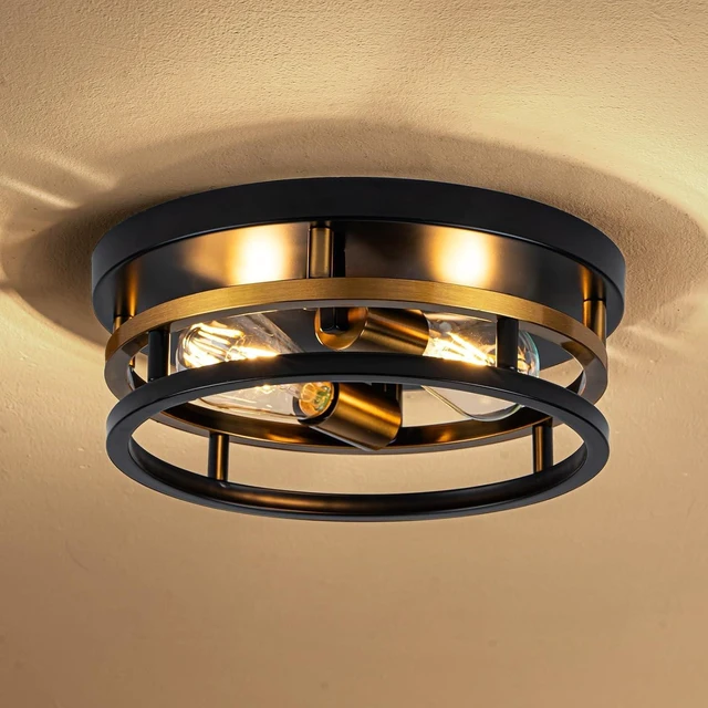 Main image of Antique Gold Bronze Flush Mount Light, Electroplated Bronze & Black 2-Light Fixture for Kitchen Hallway Bedroom, Low Profile E26 Close-to-Ceiling Lighting (Single Unit)