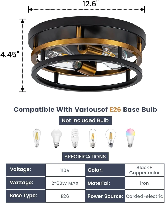 Alt view image 3 of 7 - Antique Gold Bronze Flush Mount Light, Electroplated Bronze & Black 2-Light Fixture for Kitchen Hallway Bedroom, Low Profile E26 Close-to-Ceiling Lighting (Single Unit)