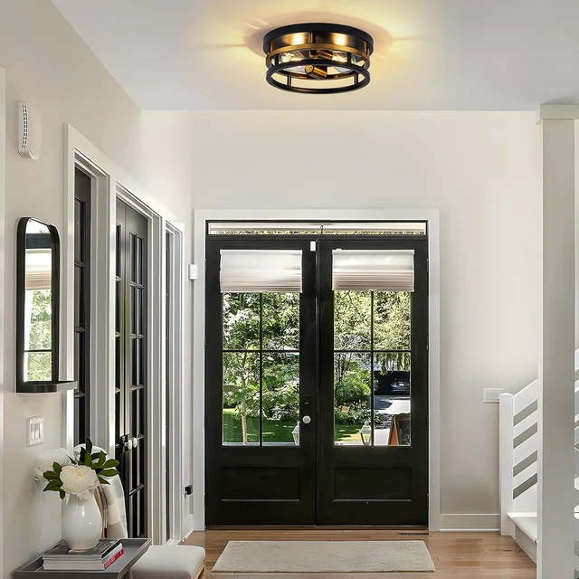 Alt view image 4 of 7 - Antique Gold Bronze Flush Mount Light, Electroplated Bronze & Black 2-Light Fixture for Kitchen Hallway Bedroom, Low Profile E26 Close-to-Ceiling Lighting (Single Unit)