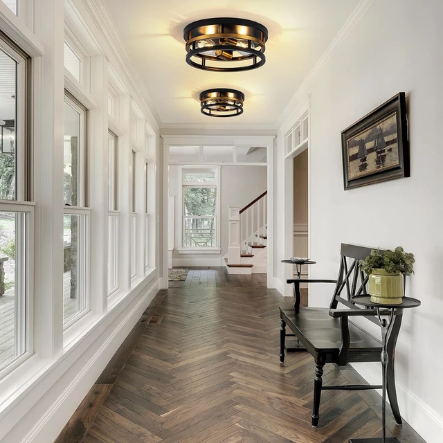 Alt view image 5 of 7 - Antique Gold Bronze Flush Mount Light, Electroplated Bronze & Black 2-Light Fixture for Kitchen Hallway Bedroom, Low Profile E26 Close-to-Ceiling Lighting (Single Unit)