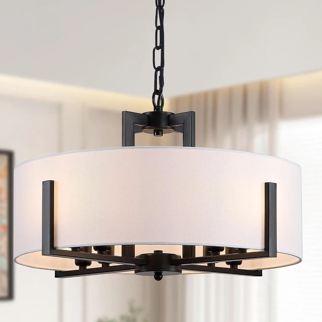 Main image of 20in Black Drum Chandelier 8-Light Modern White Fabric