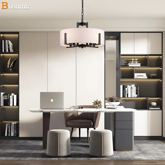 Alt view image 2 of 7 - 20in Black Drum Chandelier 8-Light Modern White Fabric