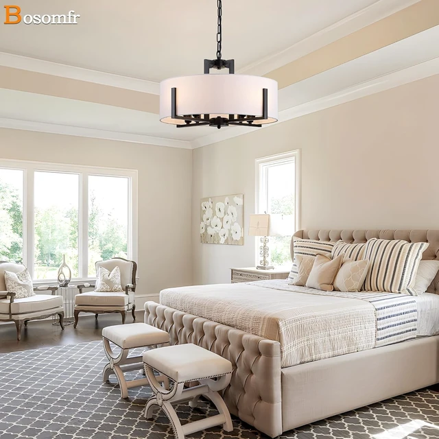 Alt view image 5 of 7 - 20in Black Drum Chandelier 8-Light Modern White Fabric