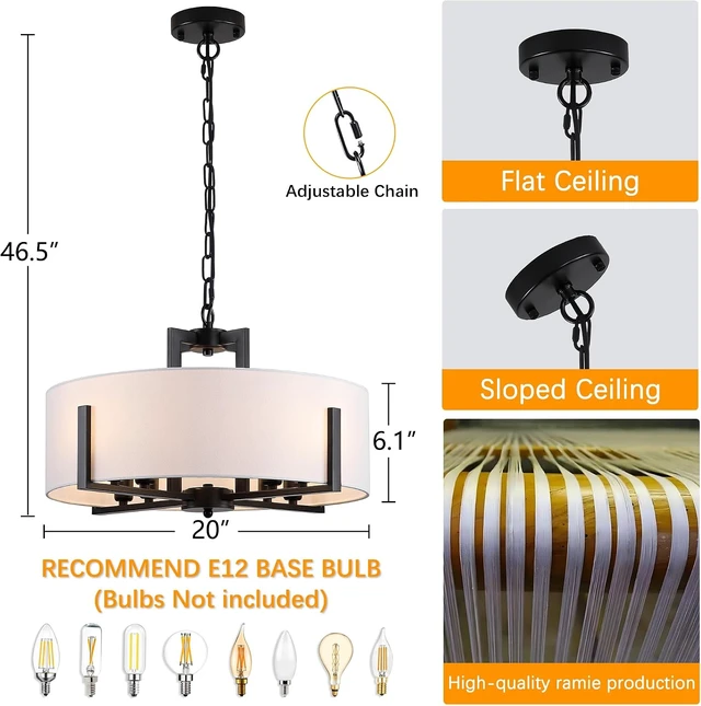 Alt view image 6 of 7 - 20in Black Drum Chandelier 8-Light Modern White Fabric
