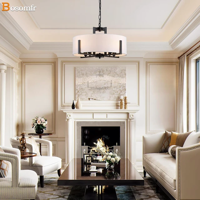 Alt view image 7 of 7 - 20in Black Drum Chandelier 8-Light Modern White Fabric
