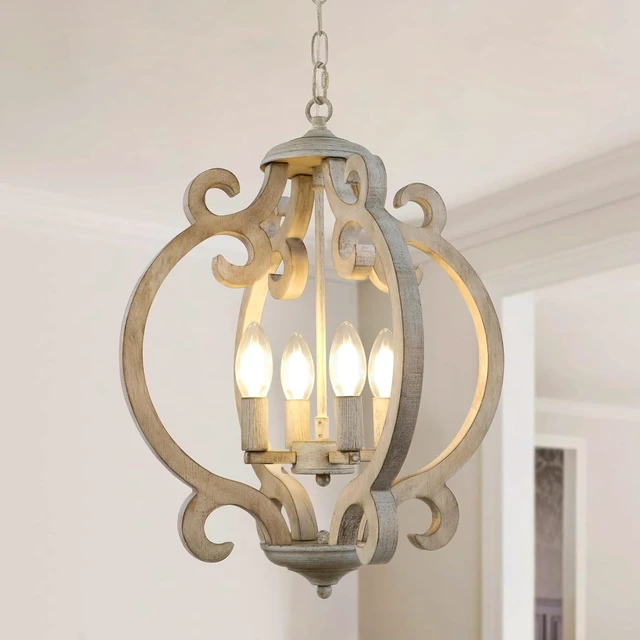 Main image of 4-Light Farmhouse Chandelier, Rustic Wood Chandelier Distressed Orb French Country Pendant Light Fixtures Ceiling Hanging Cage Chandeliers for Dining Room Kitchen Island Entryway Foyer
