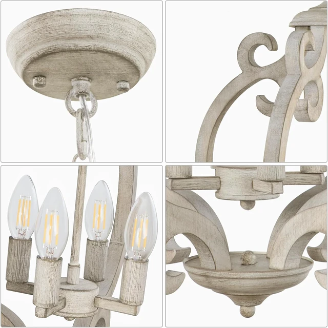 Alt view image 4 of 7 - 4-Light Farmhouse Chandelier, Rustic Wood Chandelier Distressed Orb French Country Pendant Light Fixtures Ceiling Hanging Cage Chandeliers for Dining Room Kitchen Island Entryway Foyer