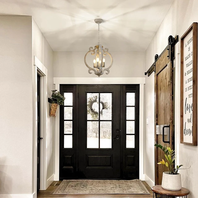 Alt view image 3 of 7 - 4-Light Farmhouse Chandelier, Rustic Wood Chandelier Distressed Orb French Country Pendant Light Fixtures Ceiling Hanging Cage Chandeliers for Dining Room Kitchen Island Entryway Foyer