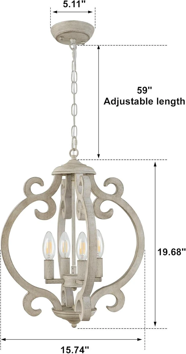 Alt view image 5 of 7 - 4-Light Farmhouse Chandelier, Rustic Wood Chandelier Distressed Orb French Country Pendant Light Fixtures Ceiling Hanging Cage Chandeliers for Dining Room Kitchen Island Entryway Foyer