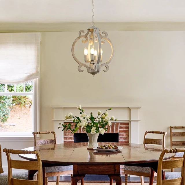 Alt view image 2 of 7 - 4-Light Farmhouse Chandelier, Rustic Wood Chandelier Distressed Orb French Country Pendant Light Fixtures Ceiling Hanging Cage Chandeliers for Dining Room Kitchen Island Entryway Foyer