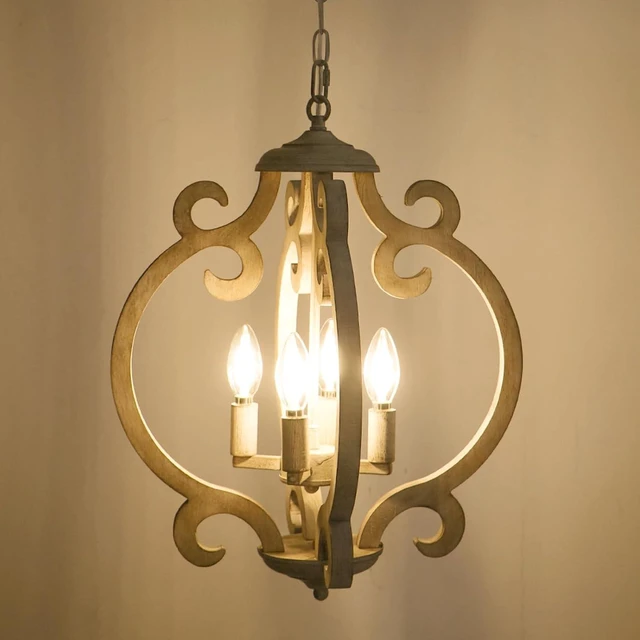Alt view image 6 of 7 - 4-Light Farmhouse Chandelier, Rustic Wood Chandelier Distressed Orb French Country Pendant Light Fixtures Ceiling Hanging Cage Chandeliers for Dining Room Kitchen Island Entryway Foyer