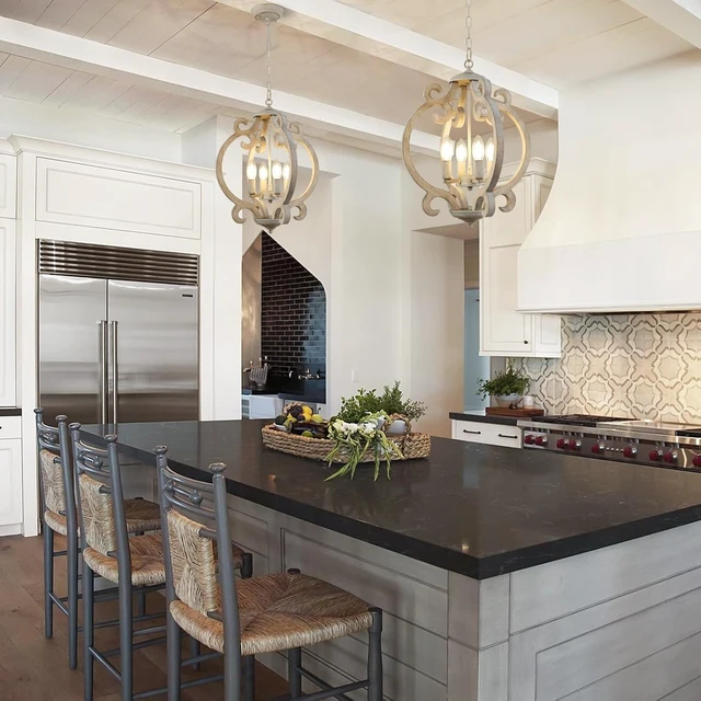 Alt view image 7 of 7 - 4-Light Farmhouse Chandelier, Rustic Wood Chandelier Distressed Orb French Country Pendant Light Fixtures Ceiling Hanging Cage Chandeliers for Dining Room Kitchen Island Entryway Foyer