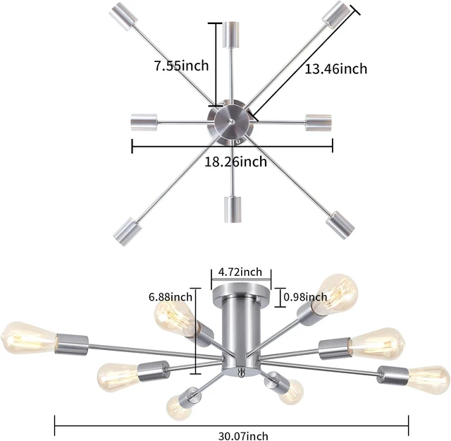 Alt view image 4 of 7 - Nickel Sputnik Light Fixture 8-Light Semi Flush Mount Ceiling Light Fixture