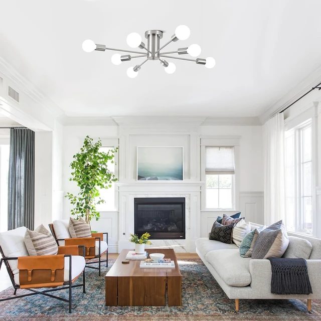 Alt view image 5 of 7 - Nickel Sputnik Light Fixture 8-Light Semi Flush Mount Ceiling Light Fixture
