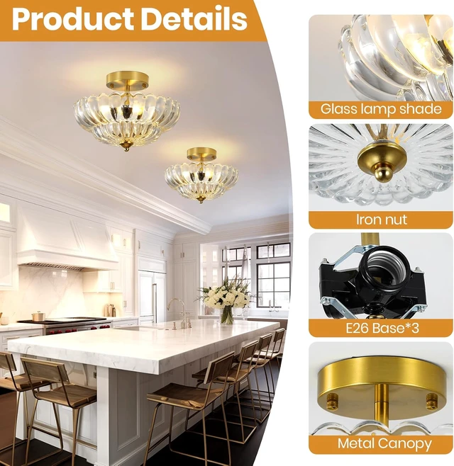 Alt view image 3 of 7 - 11.8 Vintage Semi Flush Mount Ceiling Light Fixture with Clear Glass Shade