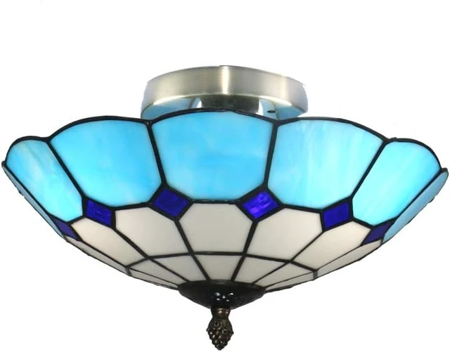 Alt view image 2 of 6 - 12 inch Vintage Tiffany Style Glass Flush Mount Ceiling Lighting Fixtures Retro Rural Pastoral Classical Lamp LED Chandelier Semi Flush Mount Lights Lamps (12 Inch Blue B)