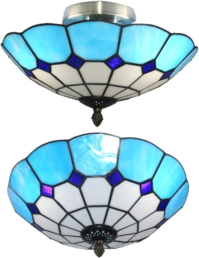 Alt view image 5 of 6 - 12 inch Vintage Tiffany Style Glass Flush Mount Ceiling Lighting Fixtures Retro Rural Pastoral Classical Lamp LED Chandelier Semi Flush Mount Lights Lamps (12 Inch Blue B)