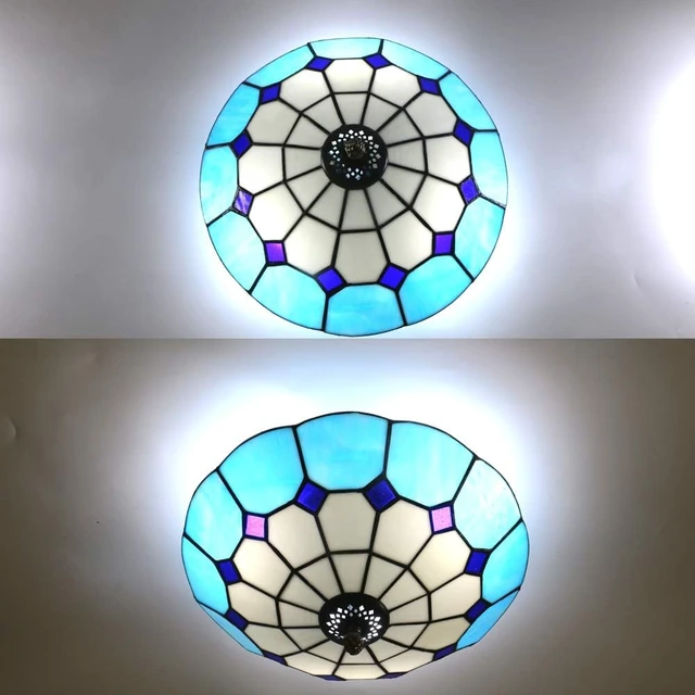 Alt view image 6 of 6 - 12 inch Vintage Tiffany Style Glass Flush Mount Ceiling Lighting Fixtures Retro Rural Pastoral Classical Lamp LED Chandelier Semi Flush Mount Lights Lamps (12 Inch Blue B)