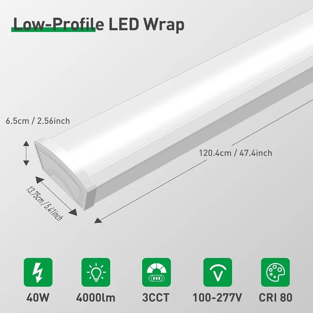 Alt view image 2 of 7 - ALUSSO® 3CCT 3000K/4000K/5000K Adjustable LED Wraparound Light, 4FT 40W LED Shop Lights, Low-Profile Flush Mount Ceiling Light Fixture for Kitchen, Closet, Garage, Office, Hallway, 2Pack