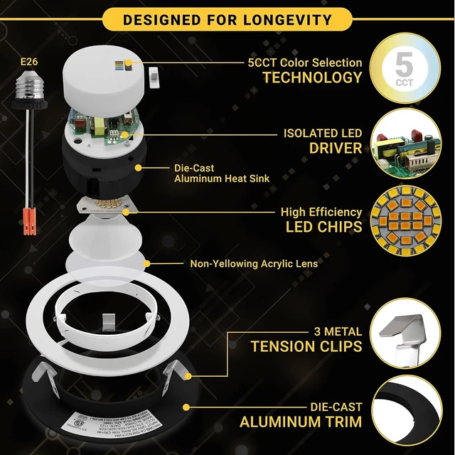 Alt view image 4 of 7 - NUWATT 4 Inch Gimbal Black LED Recessed Lights, 2700K-5000K, Airtight, 6 PK