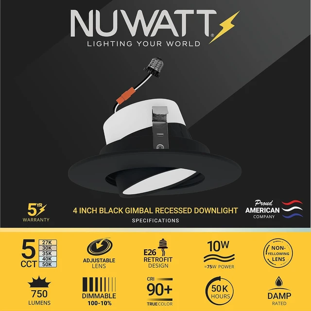 Alt view image 2 of 7 - NUWATT 4 Inch Gimbal Black LED Recessed Lights, 2700K-5000K, Airtight, 6 PK