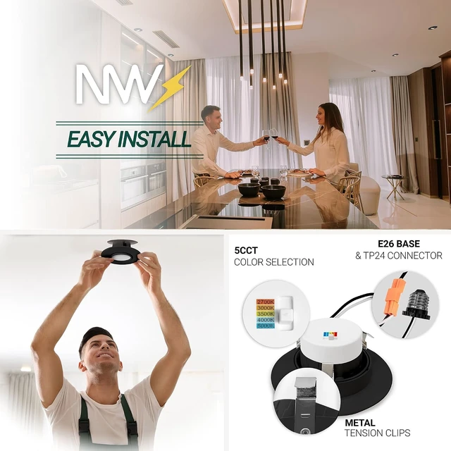 Alt view image 5 of 7 - NUWATT 4 Inch Gimbal Black LED Recessed Lights, 2700K-5000K, Airtight, 6 PK
