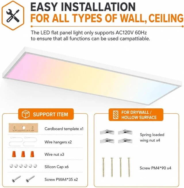 Alt view image 7 of 7 - 1x4 Led Flat Panel Light Surface Mount Ceiling Light, 3CCT 3000K/4000K/5000K Dimmable, 30W/40W/46W 5060LM -Lit, Flush Mount or Drop Ceiling for Office Kitchen Garage, White (2 Pack)