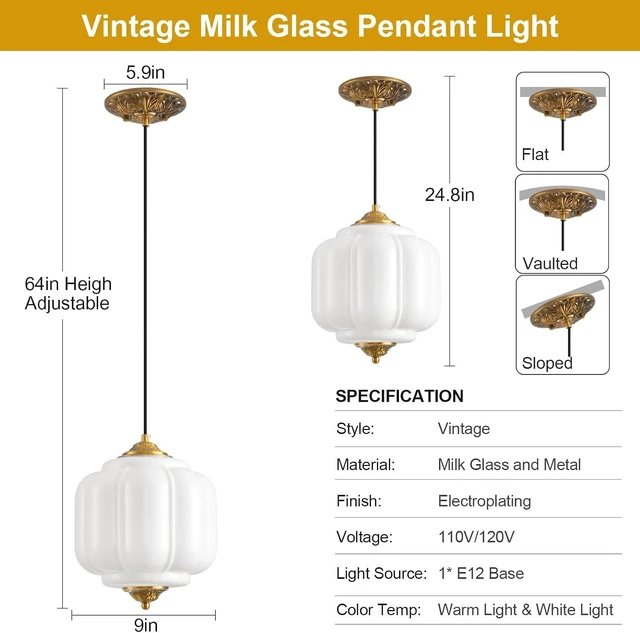 Alt view image 6 of 7 - Milk Glass Light Fixture 9in Medium Pendant Light Bulb Included