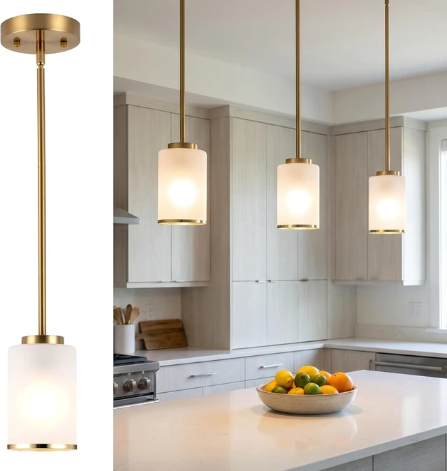 Main image of Indoor Pendant Light Fixtures, Gold Edge Industrial Hanging Lights, Modern White Frosted Pendant Lamp Shade, Mini Farmhouse Ceiling Light for Kitchen Island (Gold, 3-Pack)