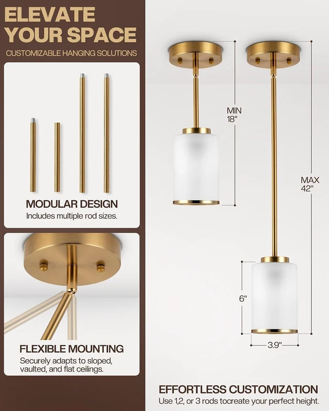 Alt view image 2 of 7 - Indoor Pendant Light Fixtures, Gold Edge Industrial Hanging Lights, Modern White Frosted Pendant Lamp Shade, Mini Farmhouse Ceiling Light for Kitchen Island (Gold, 3-Pack)
