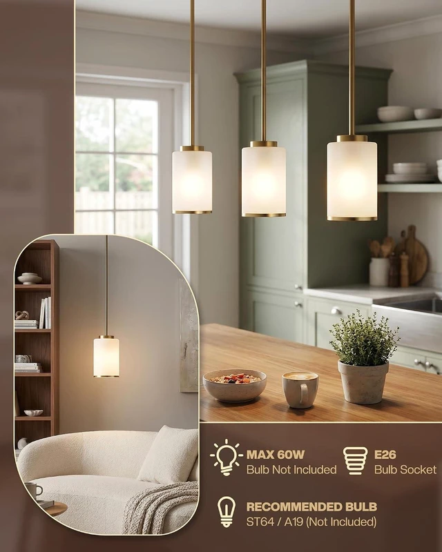 Alt view image 6 of 7 - Indoor Pendant Light Fixtures, Gold Edge Industrial Hanging Lights, Modern White Frosted Pendant Lamp Shade, Mini Farmhouse Ceiling Light for Kitchen Island (Gold, 3-Pack)