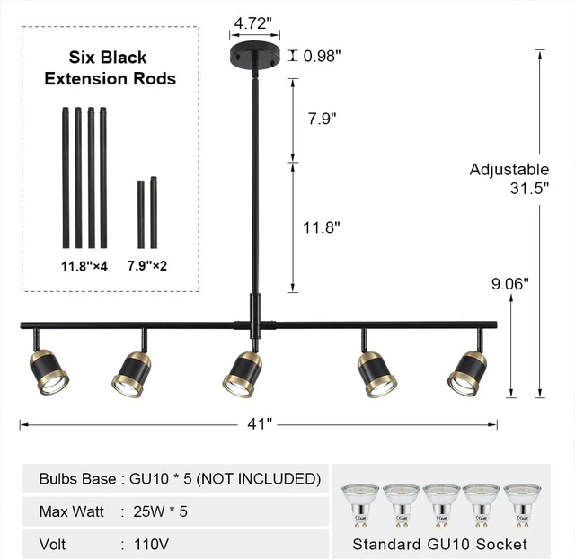 Alt view image 4 of 7 - 5-Light Track Lighting Kit Black Track Light Flexibly Rotatable Light Head Adjustable Height Modern Spotlight for Kitchen Living Room Dining Room Bedroom Closet Bar
