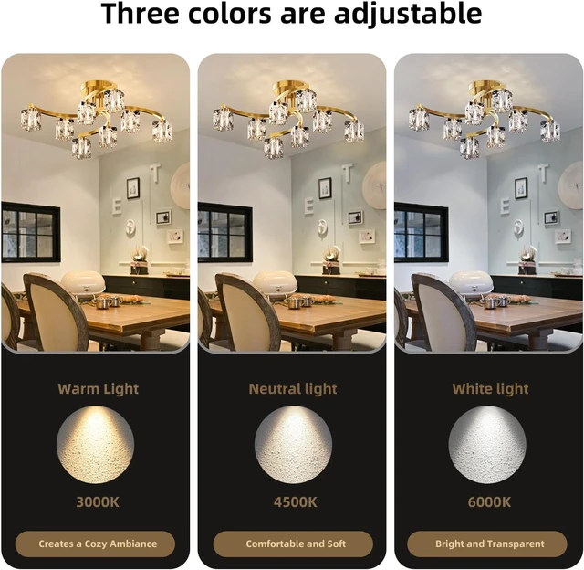 Alt view image 4 of 7 - Semi Flush Mount Ceiling Light Fixture with 8-Light, Gold Modern Sputnik Chandeleirs Crsytal Ceiling Light for Dining Room, Bedroom, Living Room, Hallway,Entryway,Kitchen