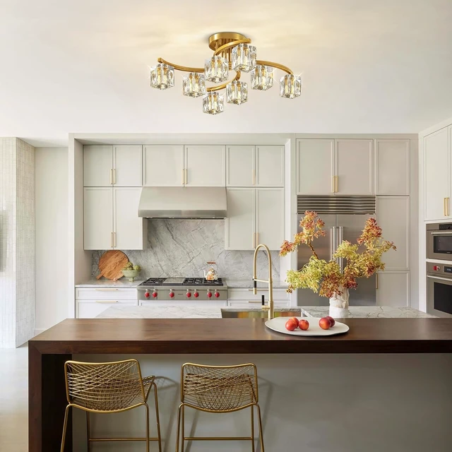 Alt view image 5 of 7 - Semi Flush Mount Ceiling Light Fixture with 8-Light, Gold Modern Sputnik Chandeleirs Crsytal Ceiling Light for Dining Room, Bedroom, Living Room, Hallway,Entryway,Kitchen