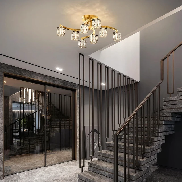 Alt view image 6 of 7 - Semi Flush Mount Ceiling Light Fixture with 8-Light, Gold Modern Sputnik Chandeleirs Crsytal Ceiling Light for Dining Room, Bedroom, Living Room, Hallway,Entryway,Kitchen