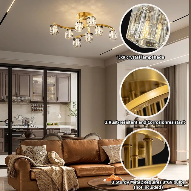 Alt view image 7 of 7 - Semi Flush Mount Ceiling Light Fixture with 8-Light, Gold Modern Sputnik Chandeleirs Crsytal Ceiling Light for Dining Room, Bedroom, Living Room, Hallway,Entryway,Kitchen