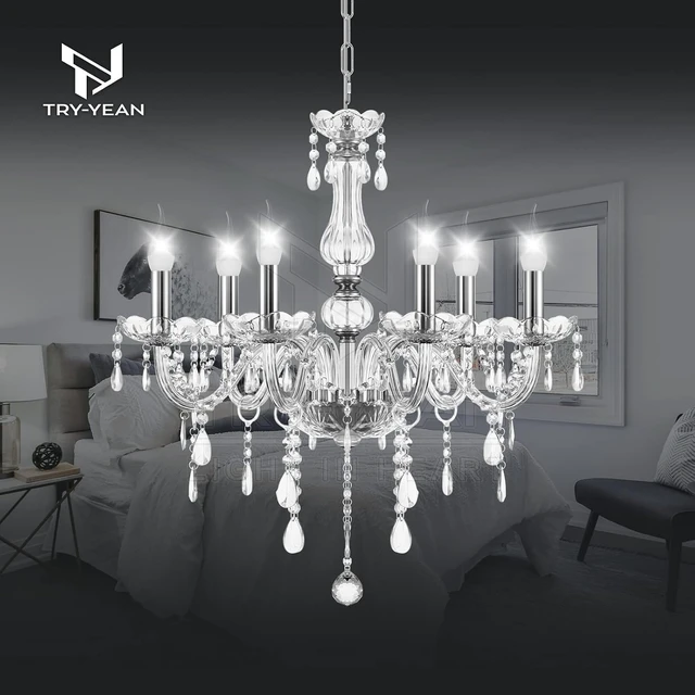 Alt view image 3 of 7 - 6 Lights Clear Chandelier K5 Crystal Chandelier with Adjustable Chain Flush Mount Hanging Ceiling Pendant Light Classic Candle Crystal Lighting for Bedroom Dining Room Hallway E12