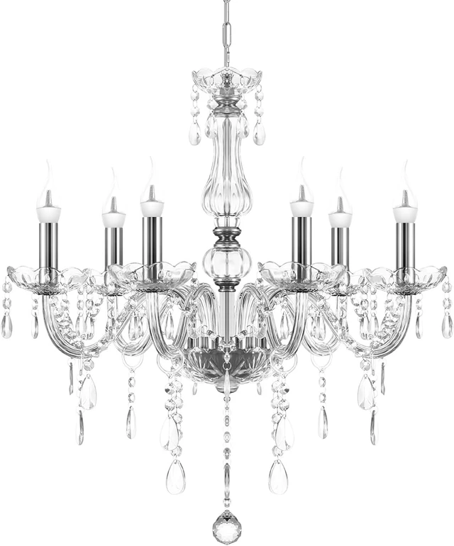 Main image of 6 Lights Clear Chandelier K5 Crystal Chandelier with Adjustable Chain Flush Mount Hanging Ceiling Pendant Light Classic Candle Crystal Lighting for Bedroom Dining Room Hallway E12